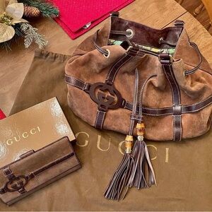 Gucci Vintage Suede Set - Interlocking G Drawstring Bag + Wallet w Box Brown
